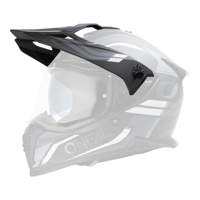 Der O'NEAL Visor A-SRS Helm SPIKE ist ein mattschwarzer und grauer Motocross-Helm mit geometrischen, weißen Akzenten, einem durchsichtigen Visier und dem O'NEAL-Logo auf der Seite, das sich vor einem schwarzen Hintergrund abhebt.