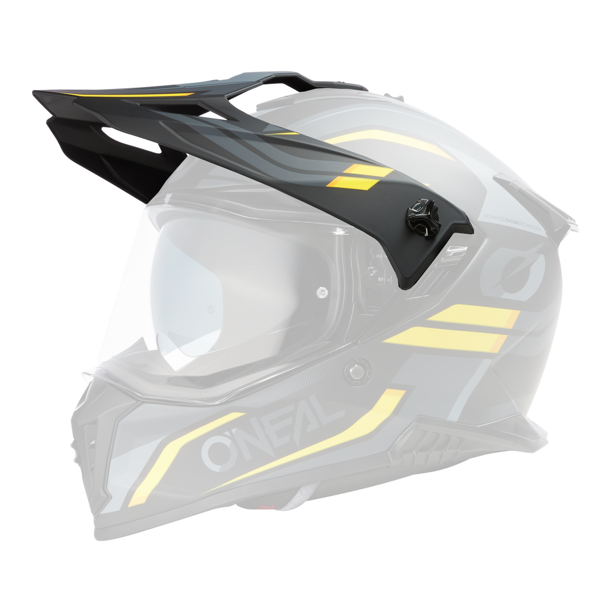 Der O'NEAL Visor A-SRS Helm SPIKE ist ein mattschwarzer und grauer Motorradhelm mit gelben Akzenten, einem klaren Visier, aerodynamischem Design, Sonnenschirm und dem O'NEAL-Logo an der Seite.