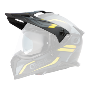 Der O'NEAL Visor A-SRS Helm SPIKE ist ein schwarz-grauer Motorradhelm mit gelben Akzenten, einem klaren Visier, kantigen Belüftungsöffnungen und einem markanten oberen Schirm, der im Seitenprofil vor einem schlichten Hintergrund dargestellt ist.