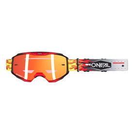 The O'NEAL B-10 Goggles HR motocross goggles have a black frame, red-orange mirrored lenses and a strap with a flame pattern and white O'NEAL logo on a black background.