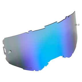 Das O'NEAL B-22 & B-33 Goggle-Ersatzglas mit Abreißstiften ist ein glattes, gebogenes, reflektierendes Visier in schillerndem Blau und Lila, das zur Befestigung an Helmen oder ähnlicher Ausrüstung entwickelt wurde. Das Produkt wird vor einem schlichten schwarzen Hintergrund präsentiert.