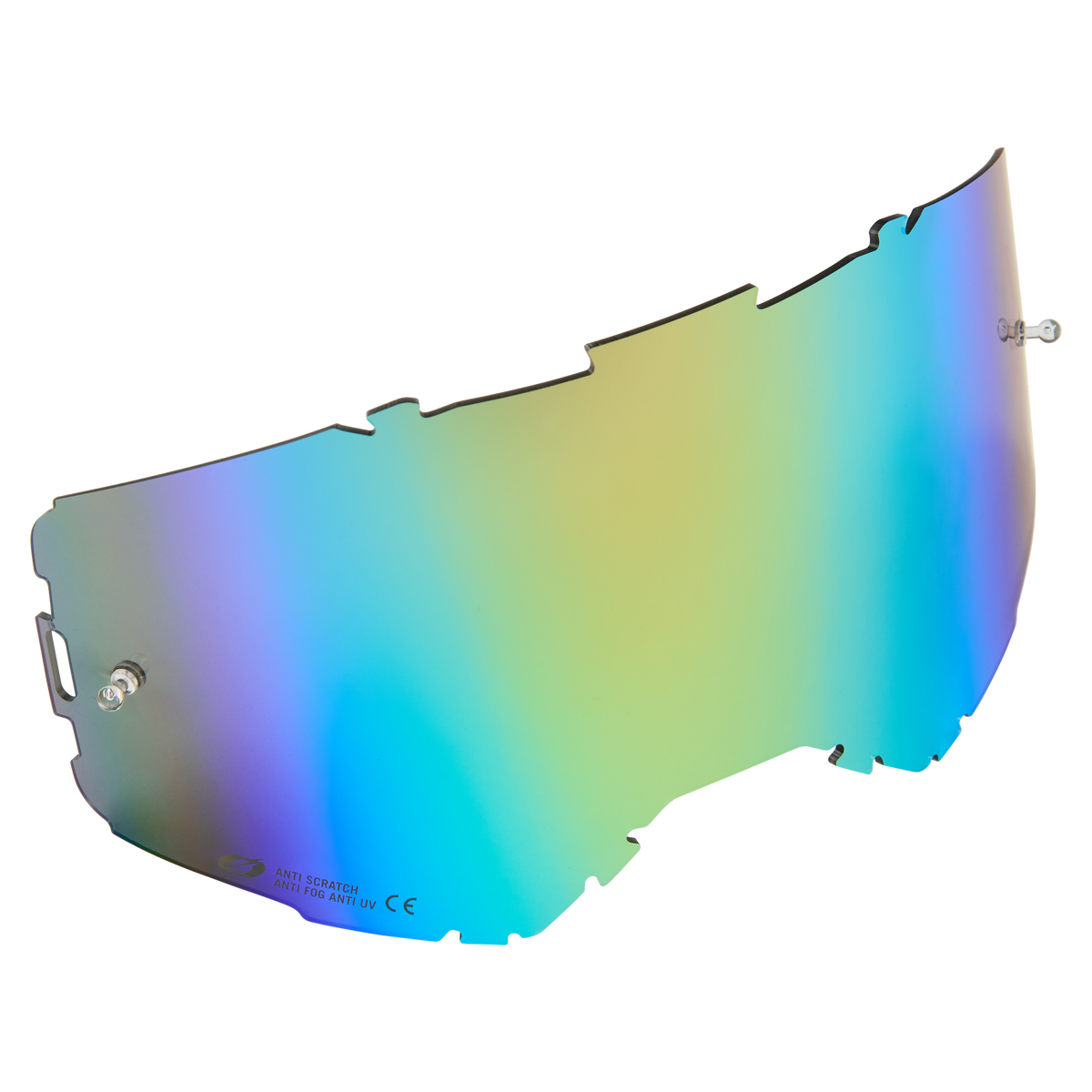 Wir präsentieren die O'NEAL B-22 & B-33 Goggle-Ersatzlinse mit Abreißstiften: ein reflektierendes, mehrfarbiges Visier mit gebogener Form und Blau-, Grün- und Gelbtönen. Es verfügt über Befestigungspunkte an den Seiten und hat unten links einen kratzfesten und UV-beständigen Text.