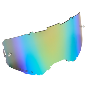 Wir präsentieren die O'NEAL B-22 & B-33 Goggle-Ersatzlinse mit Abreißstiften: ein reflektierendes, mehrfarbiges Visier mit gebogener Form und Blau-, Grün- und Gelbtönen. Es verfügt über Befestigungspunkte an den Seiten und hat unten links einen kratzfesten und UV-beständigen Text.