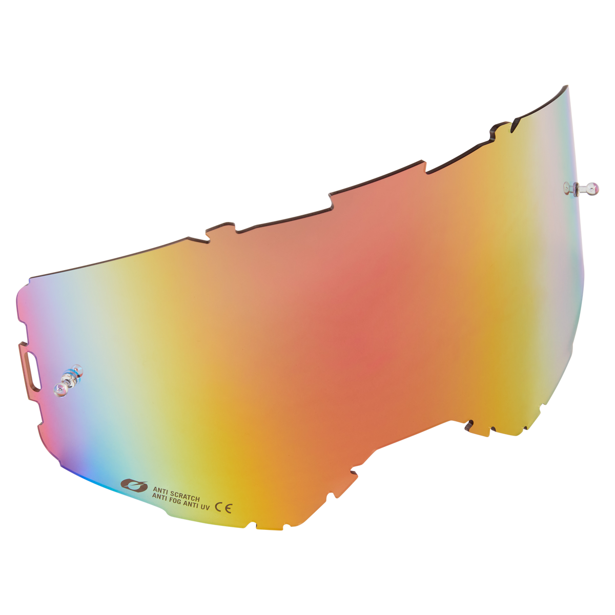 Eine regenbogengetönte Ersatzlinse für Sportbrillen O'NEAL B-22 & B-33 mit Abreißstiften, die vor einem schlichten Hintergrund kratzfest, beschlagfrei und UV-geschützt ist. Die glatte und gebogene Linse verfügt auf jeder Seite über Kerben und kleine silberne Befestigungspunkte.