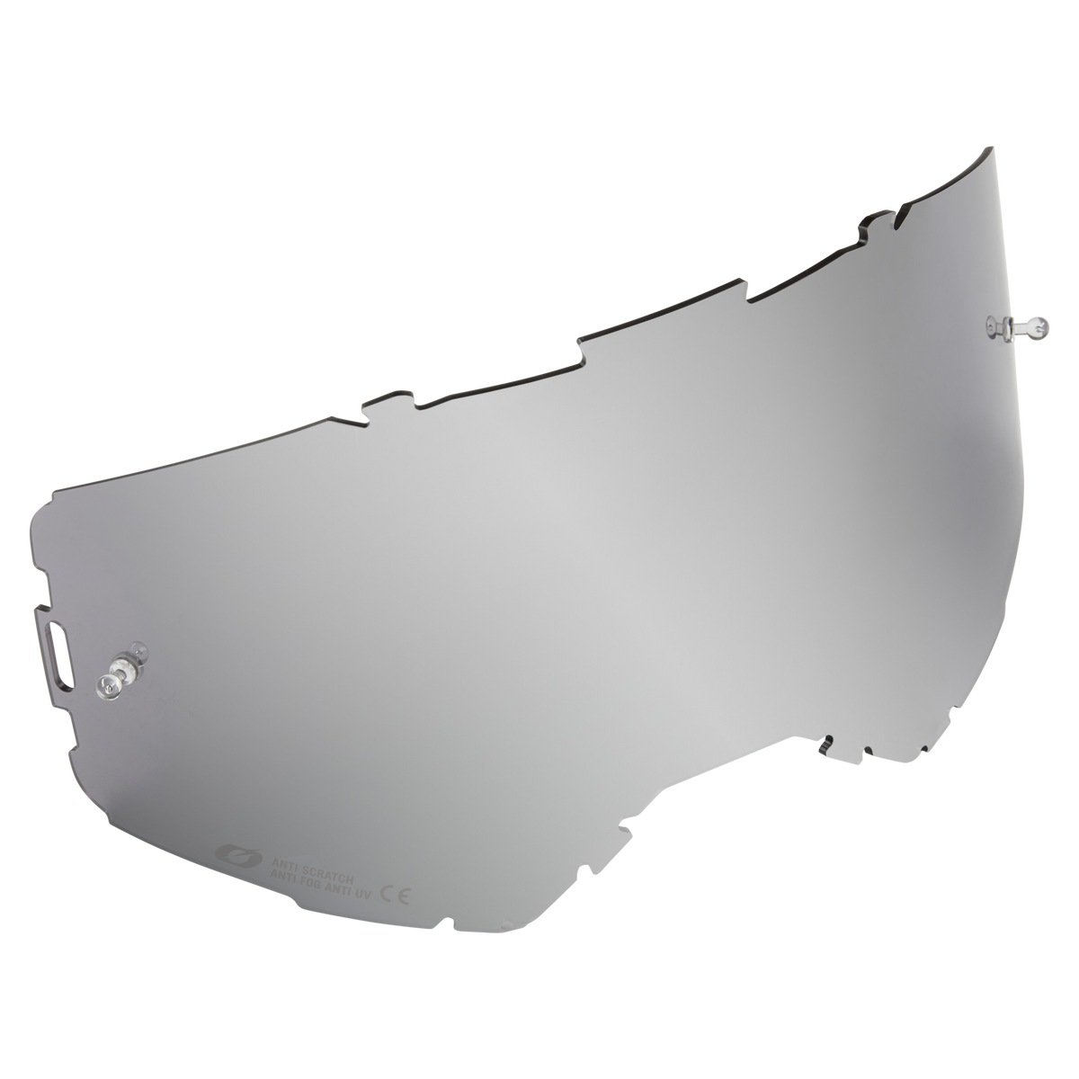 Wir präsentieren die O'NEAL B-22 & B-33 Goggle-Ersatzlinse mit Abreißstiften, ein schlankes und modernes gebogenes Visier mit seitlichen Schrauben, das als schützende Kopfbedeckung konzipiert ist. Diese Linse wird vor einem schlichten Hintergrund gezeigt und wurde von der renommierten Marke O'NEAL hergestellt.