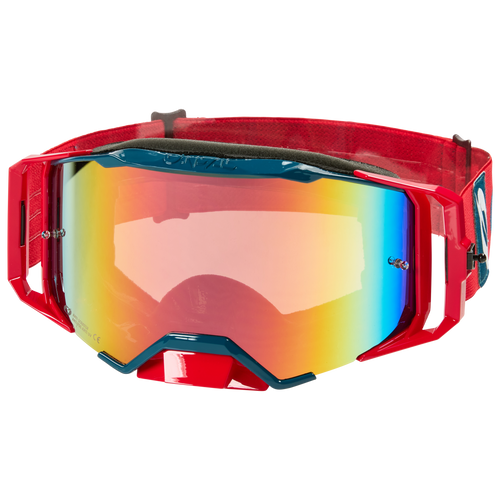 Die O'NEAL B-33 Goggle BOLD ist eine rot-blaue Radium Rot Sportbrille mit reflektierenden, regenbogenfarbenen Gläsern. Sie ist auf Komfort ausgelegt und bietet einen verstellbaren Riemen, Belüftung, Polsterung, Anti-Fog-Beschichtung und UV-Schutz für optimalen Augenschutz.