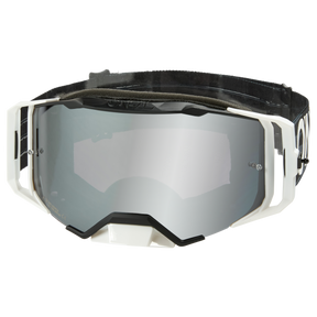 Die O'NEAL B-33 Goggle ICTUS in elegantem Schwarz/Weiß und Grau verfügt über eine reflektierende silberne Linse mit einem verstellbaren schwarzen Riemen, ideal für Skiabenteuer und Mountainbike-Strecken.