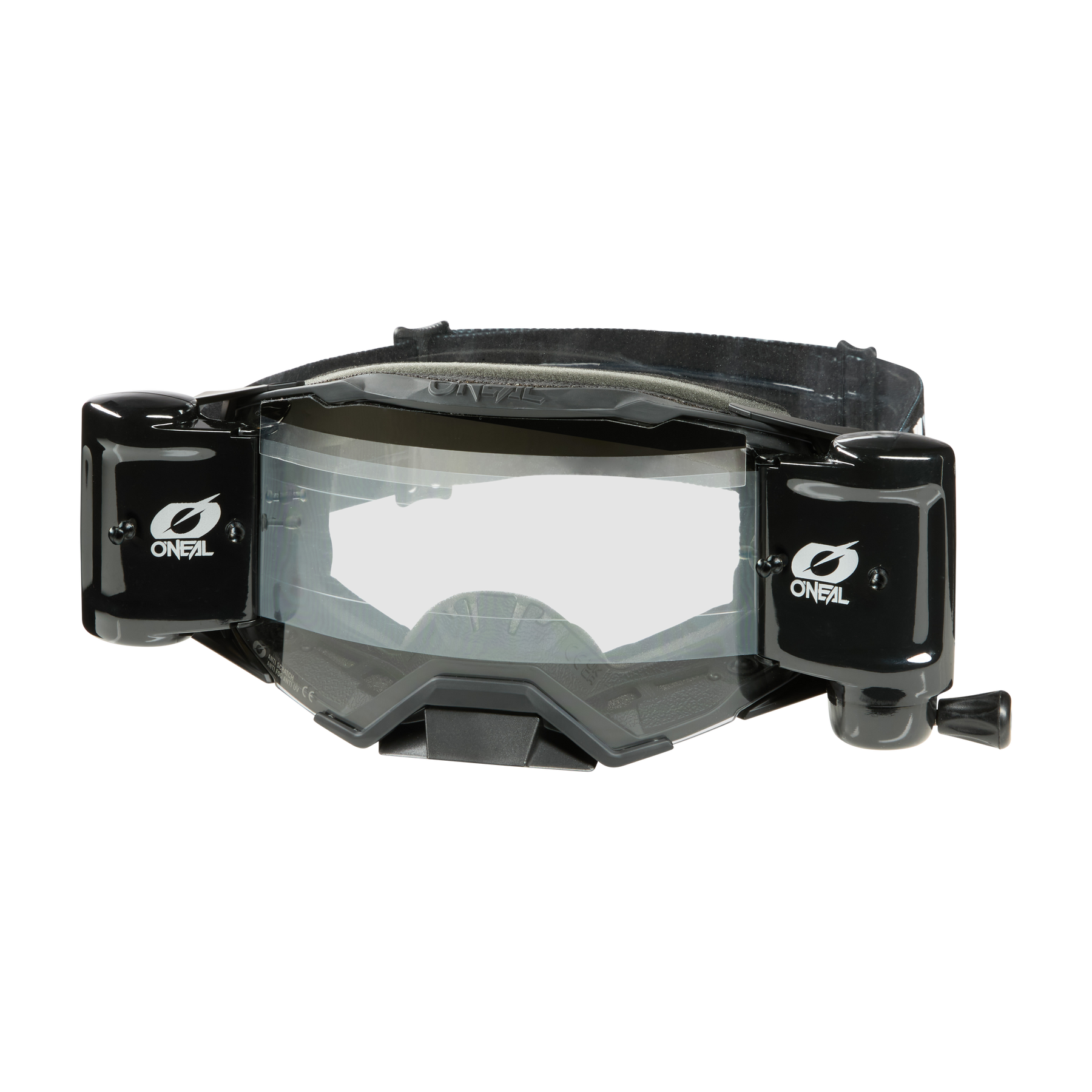 Die O'NEAL B-33 ROLL OFF Goggle ICTUS in Schwarz/Weiß verfügt über eine klare Scheibe, ein doppeltes Roll-Off-System für klare Sicht und ein verstellbares Gummiband am Rücken.