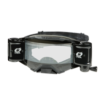 Die O'NEAL B-33 ROLL OFF Goggle ICTUS in Schwarz/Weiß verfügt über eine klare Scheibe, ein doppeltes Roll-Off-System für klare Sicht und ein verstellbares Gummiband am Rücken.