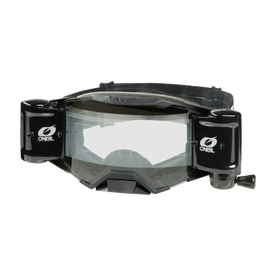 Die O'NEAL B-33 ROLL OFF Goggle ICTUS in Schwarz/Weiß verfügt über eine klare Scheibe, ein doppeltes Roll-Off-System für klare Sicht und ein verstellbares Gummiband am Rücken.