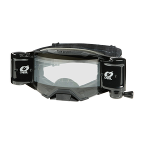 Die O'NEAL B-33 ROLL OFF Goggle ICTUS in Schwarz/Weiß verfügt über eine klare Scheibe, ein doppeltes Roll-Off-System für klare Sicht und ein verstellbares Gummiband am Rücken.