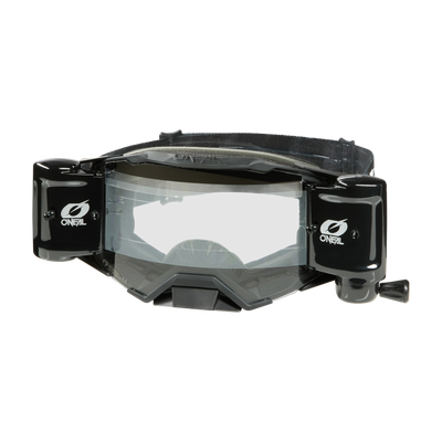 Die O'NEAL B-33 ROLL OFF Goggle ICTUS in Schwarz/Weiß verfügt über eine klare Scheibe, ein doppeltes Roll-Off-System für klare Sicht und ein verstellbares Gummiband am Rücken.