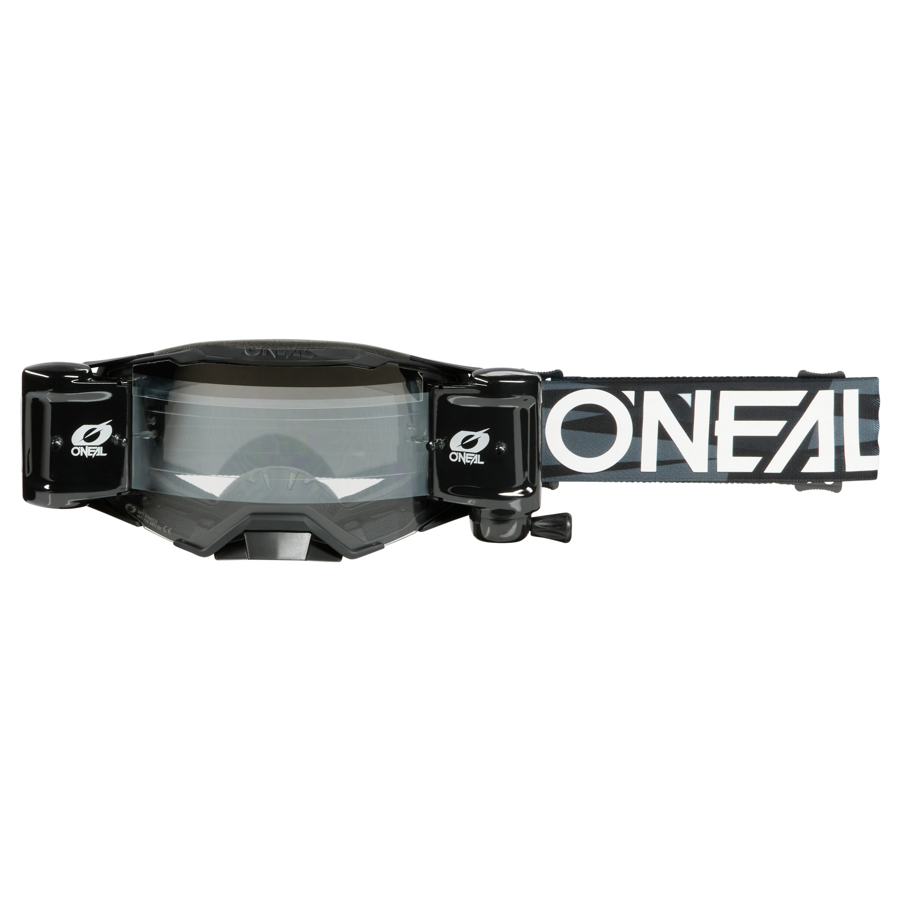 Die O'NEAL B-33 ROLL OFF Goggle ICTUS verfügt über einen breiten verstellbaren Riemen mit auffälligem weißem O'NEAL-Branding und ein zuverlässiges Abrollsystem für klare Sicht - die ideale MX-Brille für harte Fahrten.