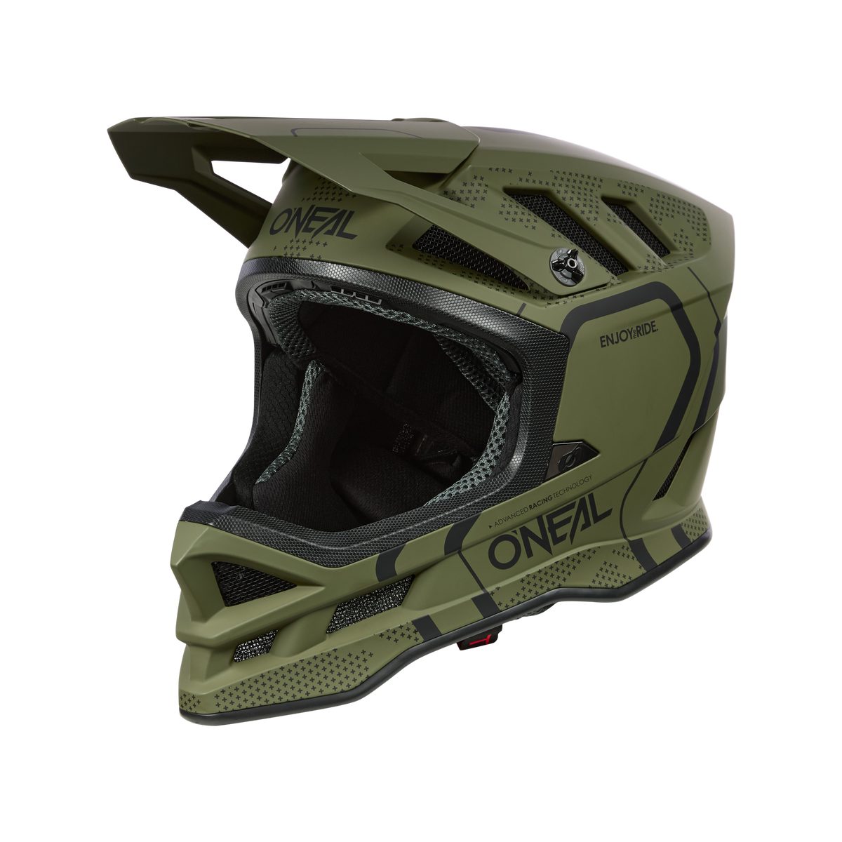 Ein grüner O'NEAL BLADE Polyacrylite Helm STRIKE Integralhelm für Mountainbikes mit schwarzen Akzenten und Belüftungsöffnungen. Der Helm verfügt über ein Visier und ein robustes, schützendes Design, das für Offroad- und Downhill-Biken geeignet ist und optimalen Komfort gewährleistet. Das Wort „O'NEAL“ ist auf der Seite aufgedruckt.