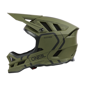 Der O'NEAL BLADE Polyacrylite Helm STRIKE ist ein mattgrüner Integralhelm für Mountainbikes mit schwarzen geometrischen Mustern und Belüftungslöchern, die optimalen Komfort gewährleisten. Er verfügt über ein großes Visier, einen Kinnschutz und das Logo der Marke sowie den inspirierenden Satz „Enjoy Ride“.