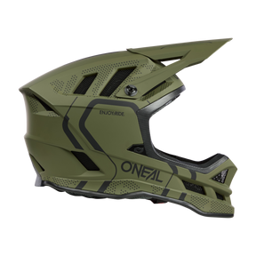Dieses Bild zeigt eine Seitenansicht eines O'Neal-Integralhelms, der für Offroad-Biken oder Motocross entwickelt wurde. Der Helm, O'NEAL BLADE Polyacrylite Helm STRIKE, ist überwiegend olivgrün mit schwarzen geometrischen Mustern und Belüftungsöffnungen. Der Markenname „O'Neal“ und der Satz „Enjoy Ride“ betonen seinen Komfort und seine Funktion.