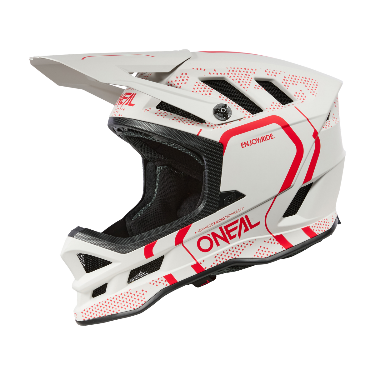 Der O'NEAL BLADE Polyacrylite Helm STRIKE ist ein weiß-roter O'Neal-Motocrosshelm mit eckigen Belüftungsöffnungen, einem Schirmvisier und dem Slogan „ENJOY RIDE“ auf der Oberseite. Das Design zeigt ein auffälliges Muster mit roten Linien und Punkten und bietet mit seinem schwarzen Innenfutter und Kinnschutz sowohl Funktion als auch Komfort.