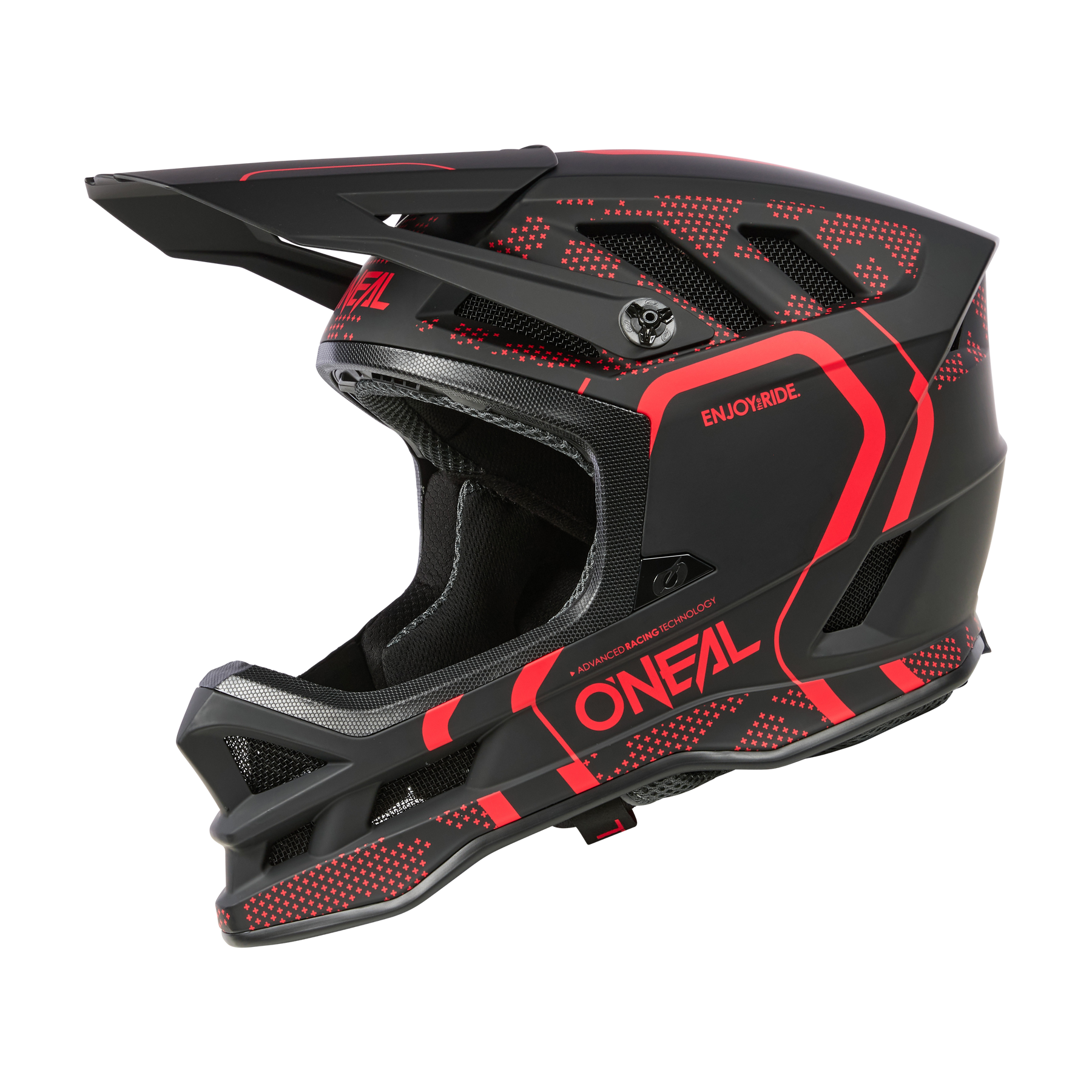 Ein schwarzer Integralhelm für Motocross mit roten geometrischen Akzenten und dem Wort „ONEAL“ an der Seite, mit einer Vorderseite mit Visier und belüfteten Öffnungen für die Luftzirkulation.