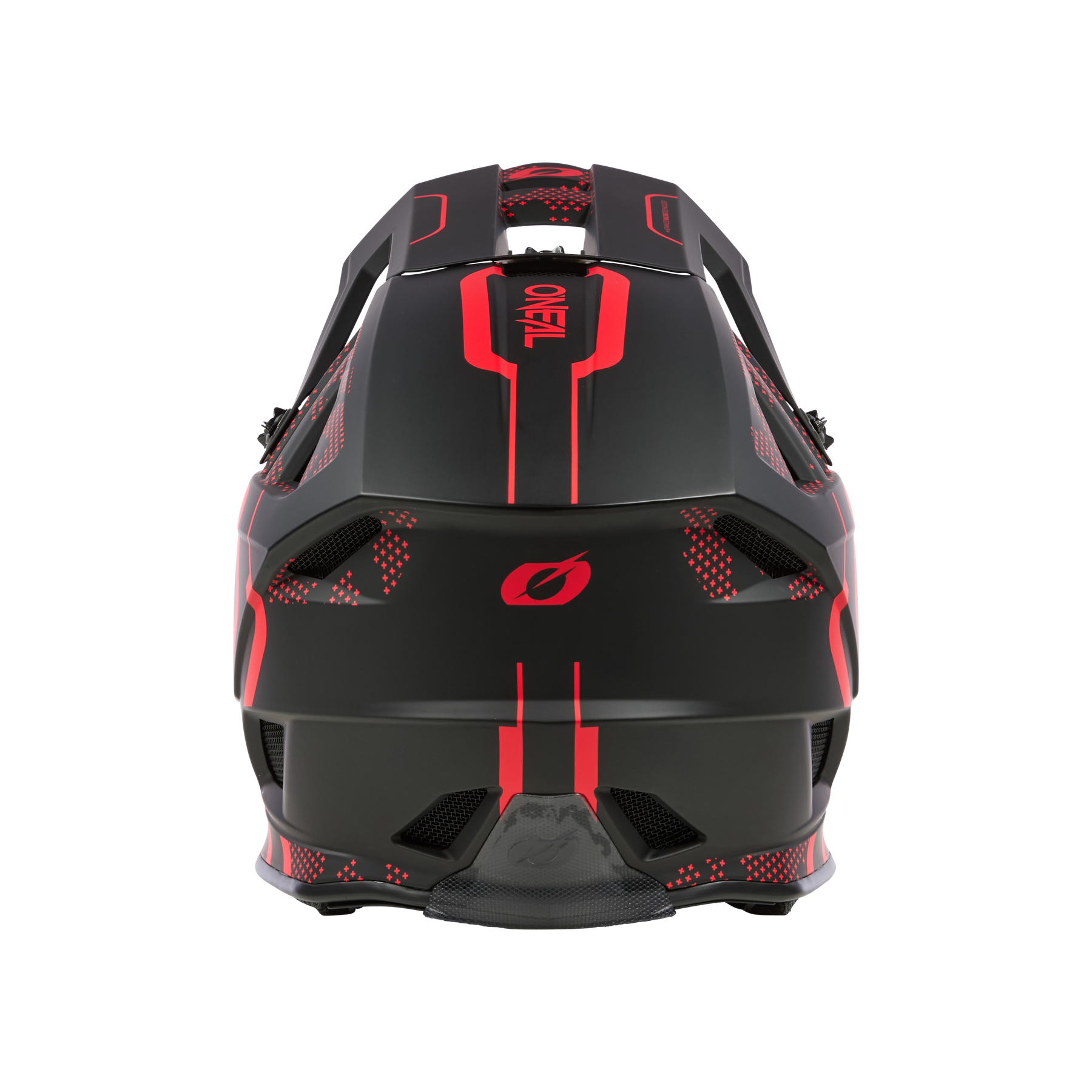 Ein schwarz-roter Rennhelm von hinten betrachtet, mit roten Streifen, Belüftungsöffnungen und dem Wort „ONE“ oben in der Mitte aufgedruckt.