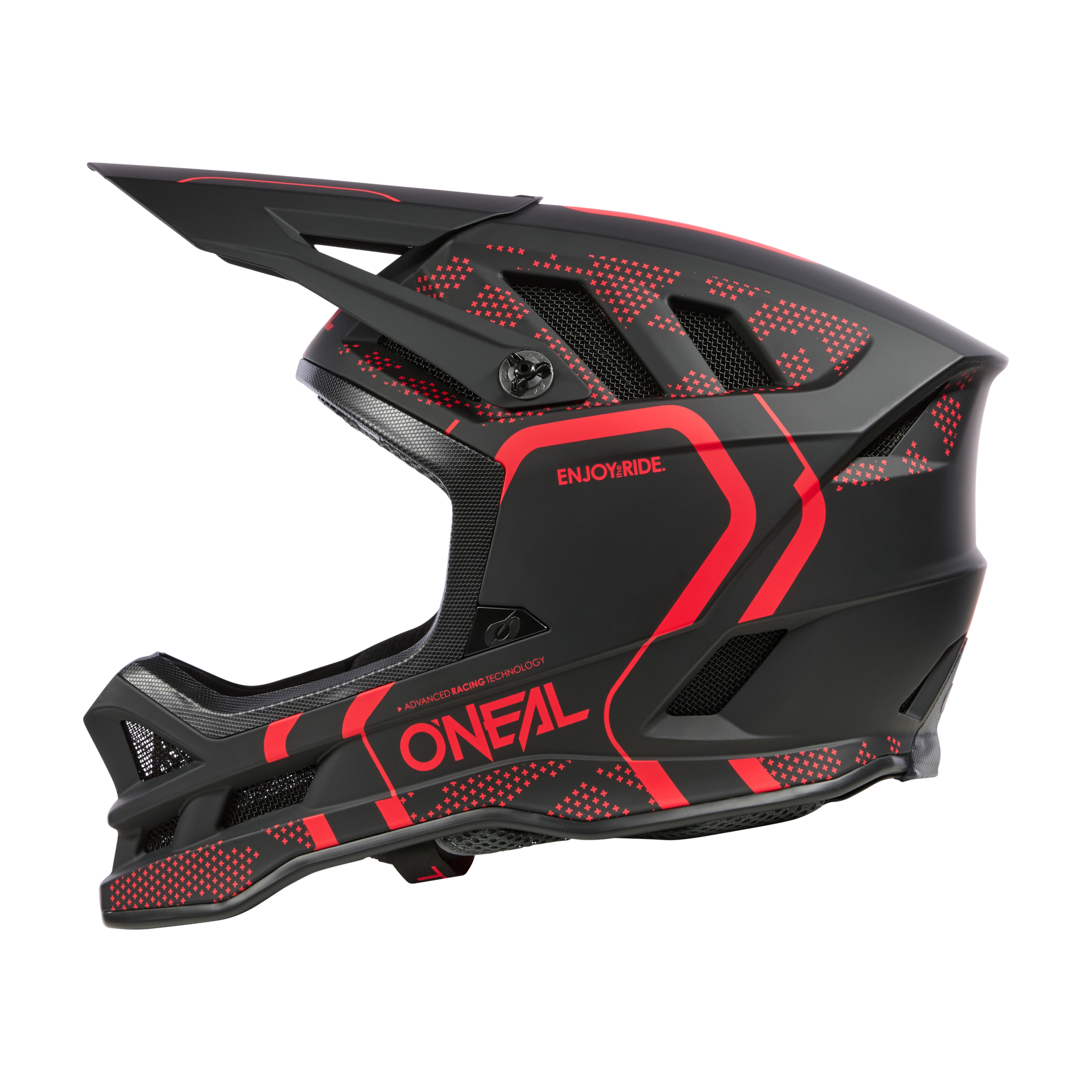 Ein schwarzer Integralhelm für Mountainbikes mit roten geometrischen Akzenten, großem Visier und Belüftungslöchern. Der Helm trägt den Markennamen „O’Neal“ und den Schriftzug „ENJOY RIDE“ auf der Seite.