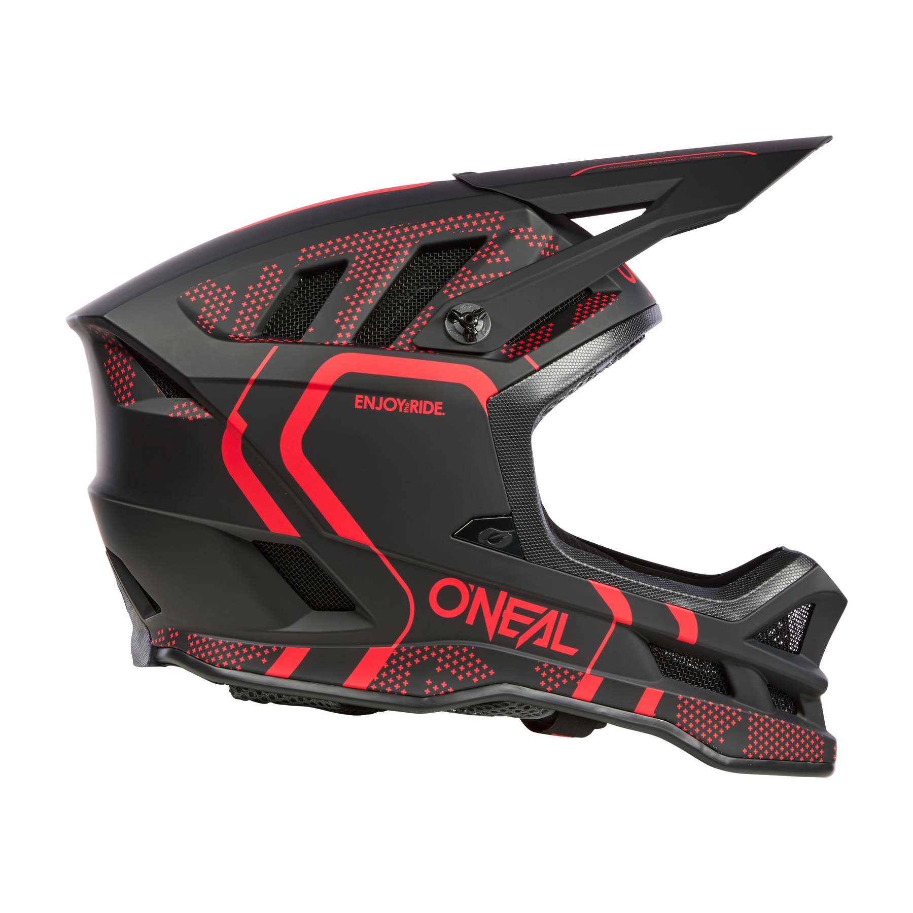 Ein schwarz-roter Integralhelm von O’NEAL mit eckigen Belüftungsöffnungen, einem Visier und dem Text „ENJOY RIDE“ und „O’NEAL“ an der Seite.