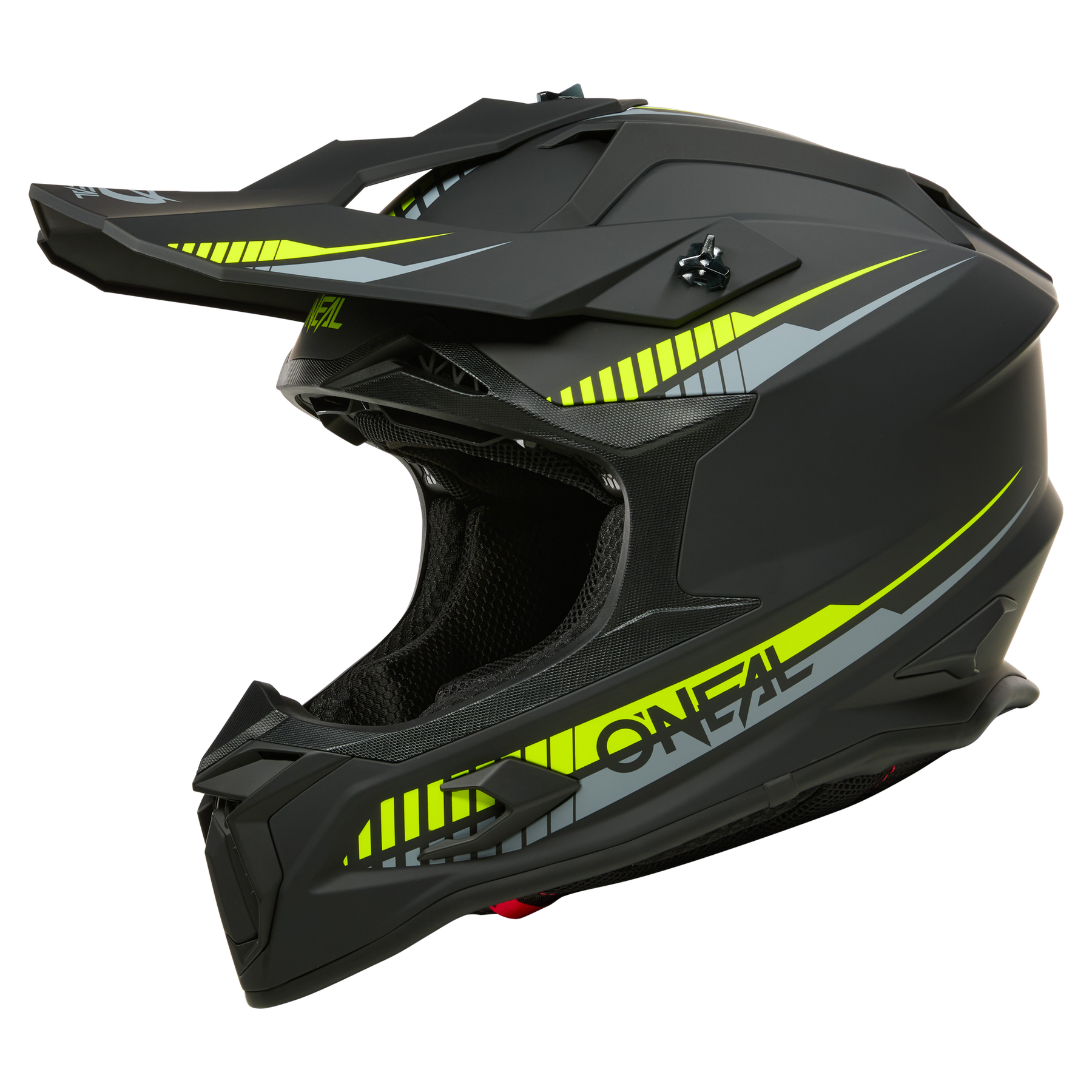 Der O'NEAL C-SRS Helm SOLID ist ein mattschwarzer Helm mit gelb-grauen Akzenten, Visier, seitlichem "O'NEAL"-Branding, Belüftungsöffnungen und einem texturierten Kinnschutz - maximale Sicherheit in stylishem Look.