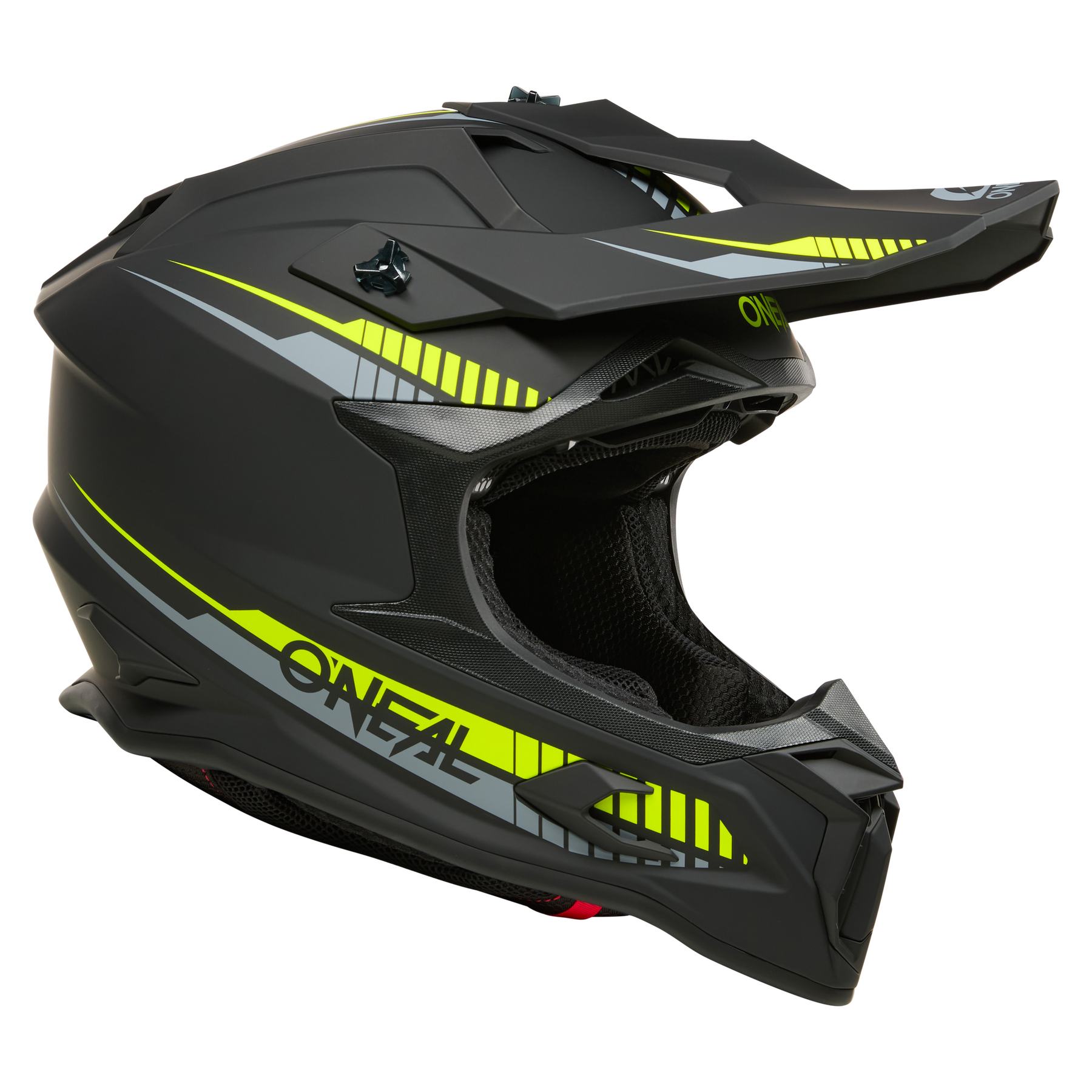 Der O'NEAL C-SRS Helm SOLID ist ein mattschwarzer Motocross-Helm mit gelben und grauen Streifen, einem auffälligen Visier und Kinnschutz sowie dem "O'NEAL"-Logo an der Seite - er bietet maximale Sicherheit bei stilvollem Aussehen.