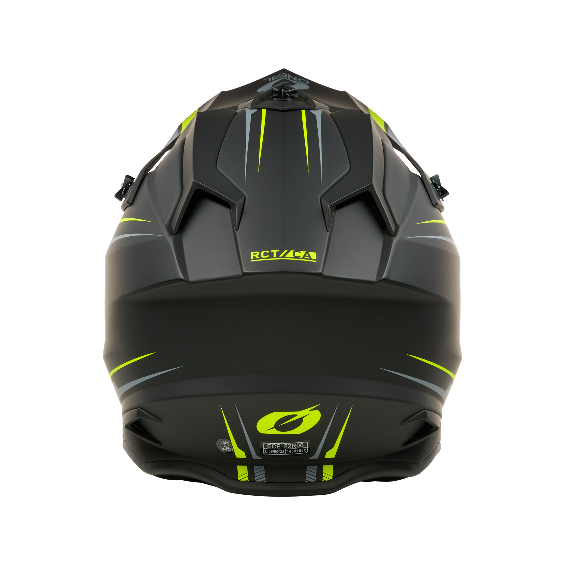 Ein schwarzer O'NEAL C-SRS Helm SOLID mit eckigen Lüftungsschlitzen und neongelben Akzenten, von hinten gesehen. "RCT"-Schriftzug und ein stilisiertes Logo am unteren Rand bieten maximale Sicherheit und stylishen Look.