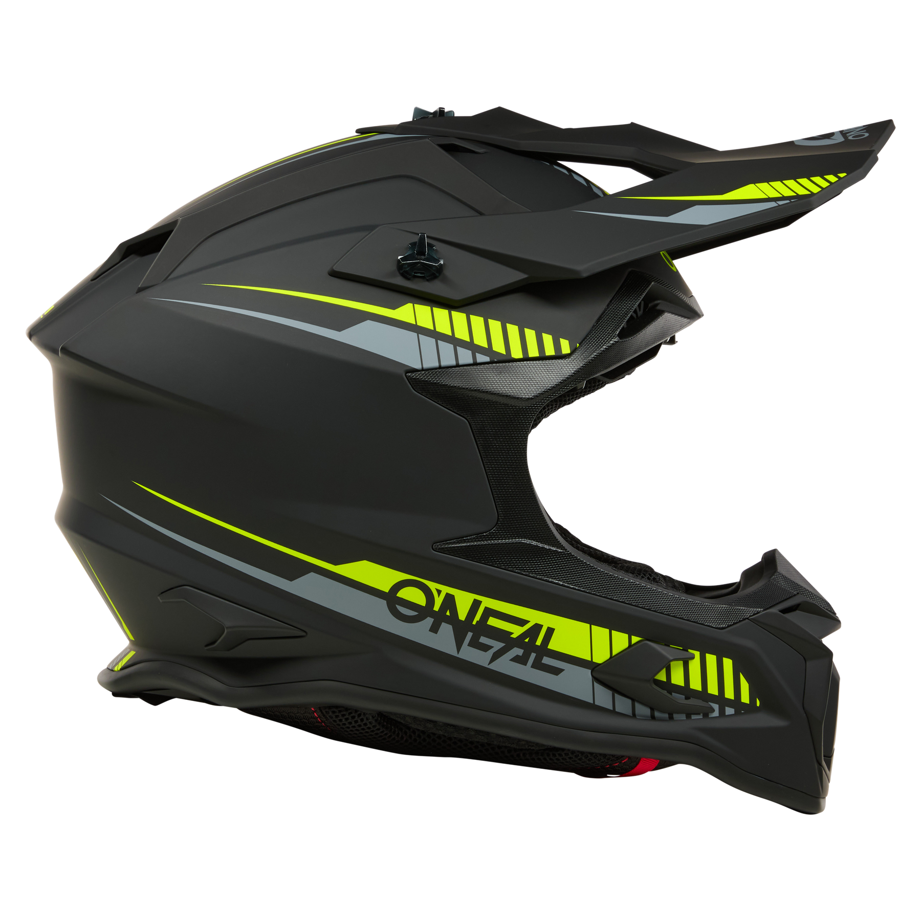 Seitenansicht des O'NEAL C-SRS Helm SOLID in mattschwarz mit gelben und grauen Grafiken, mit Visier, Kinnschutz und Belüftungsöffnungen für maximale Sicherheit, dargestellt auf einem einfarbig weißen Hintergrund.