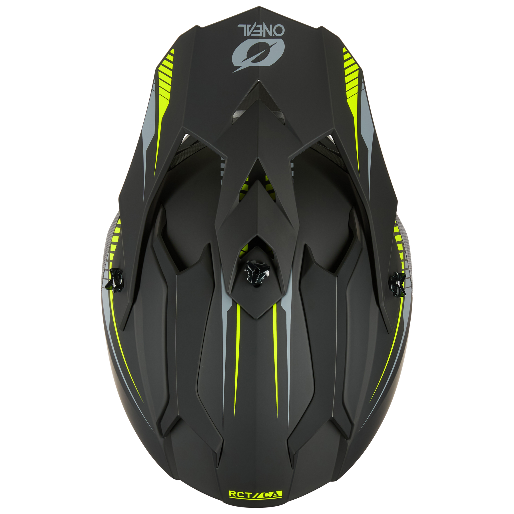 Draufsicht auf den O'NEAL C-SRS Helm SOLID in mattem Schwarz mit neongelben Akzenten, kantigem Design für maximale Sicherheit und dem O'NEAL-Namen und -Logo auf der Oberseite für ein stilvolles Aussehen.