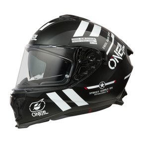 Der O'NEAL CHALLENGER Helm WARHAWK besticht durch sein markantes schwarzes Design mit klarem Visier, weißen geometrischen Elementen und dem Schriftzug „Street Supply Div.“. Gefertigt aus robustem ABS präsentiert er das ikonische O'Neal-Logo sowie grafische Details wie Streifen und einen Stern in Schwarz/Weiß/Rot.