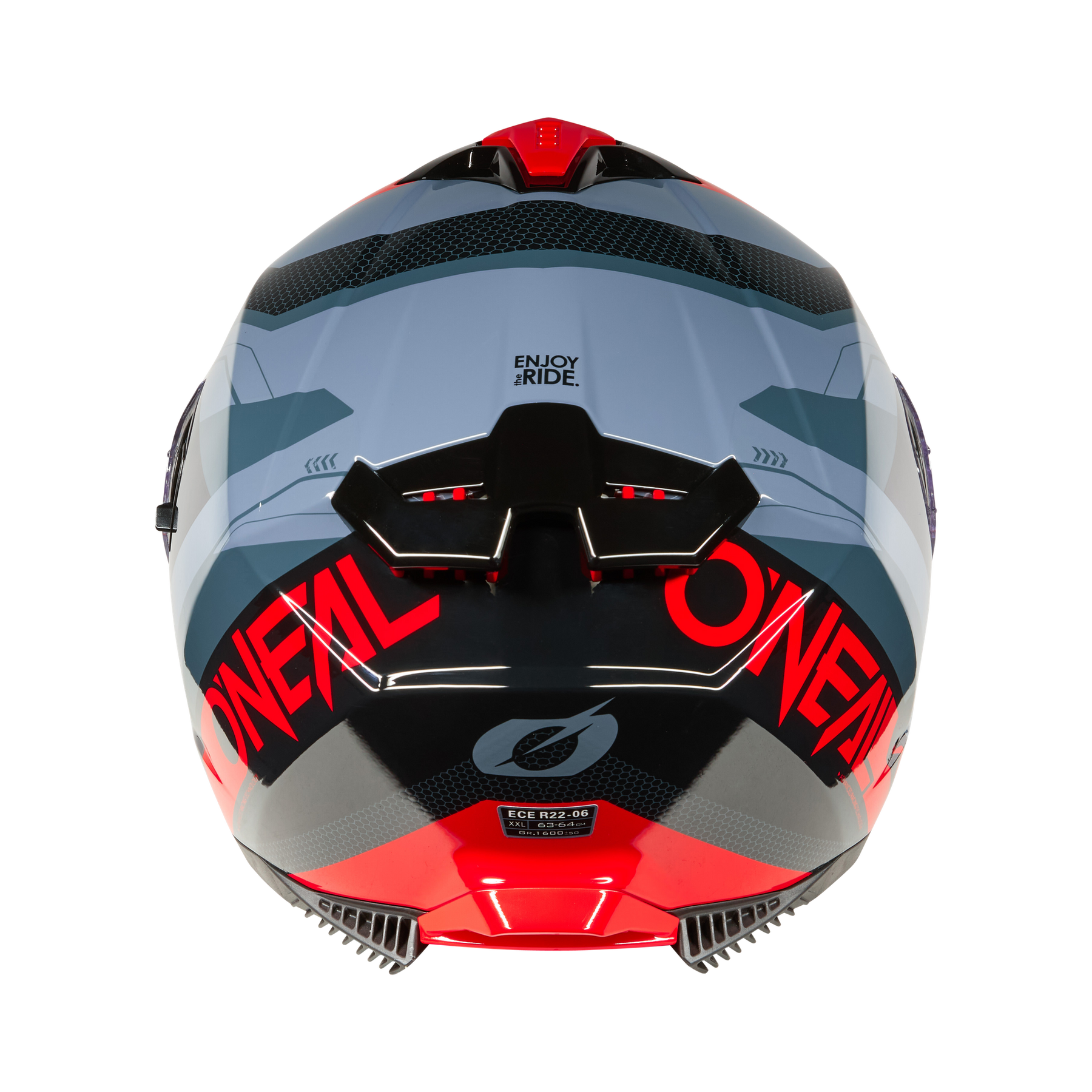 Die Rückansicht des O'NEAL CHALLENGER Helm EXO zeigt ein auffälliges graues, schwarzes, rotes und weißes Design mit dem "O'NEAL"-Logo und dem Text "ENJOY RIDE" vor einem schlichten schwarzen Hintergrund - ideal für Fahrradfans.