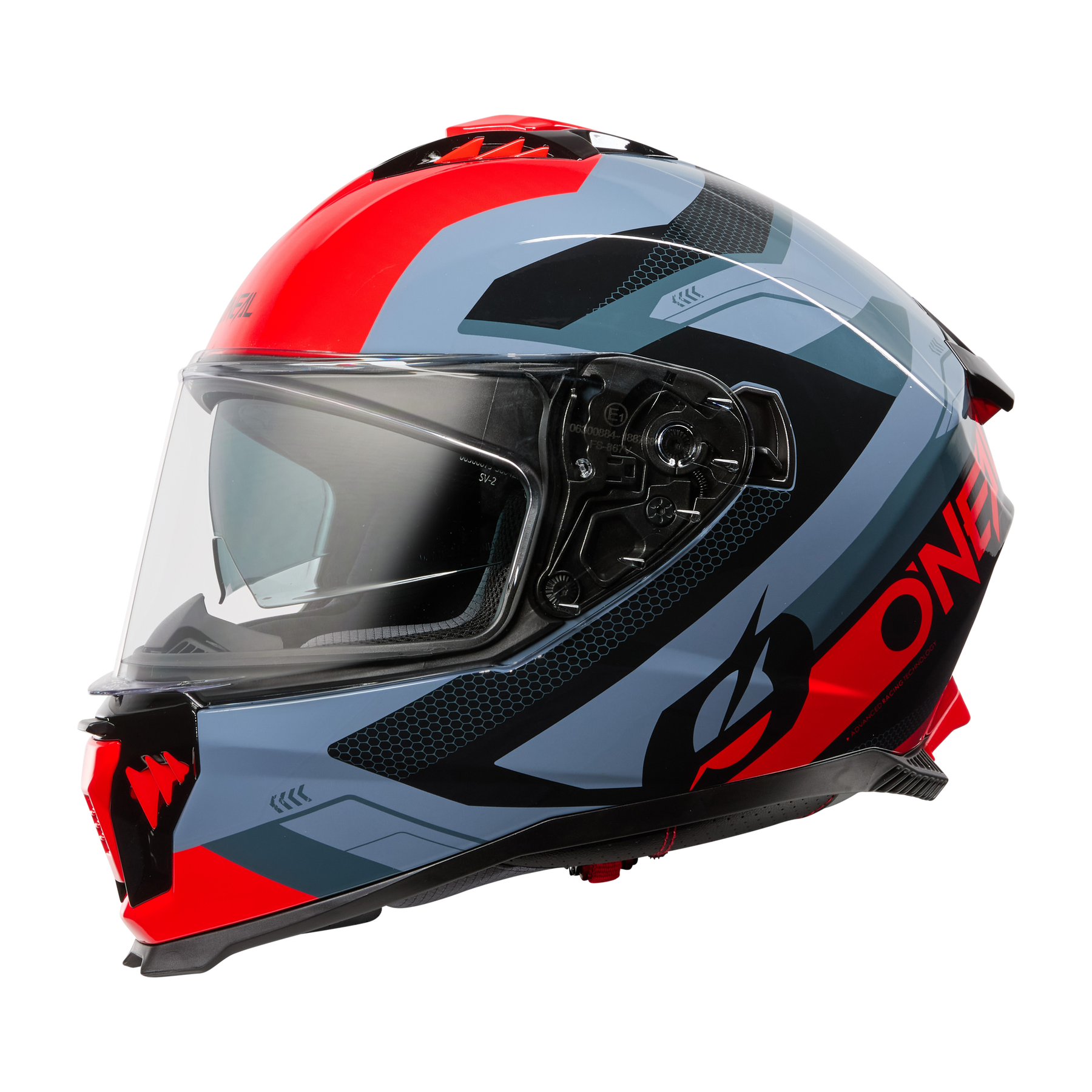 Der O'NEAL CHALLENGER Helm EXO ist ein Vollvisier-Motorradhelm in Rot, Schwarz und Grau mit markantem, kantigem Design und einem großen, klaren Visier - eine Kombination aus Stil und Schutz für jeden Fahrer.