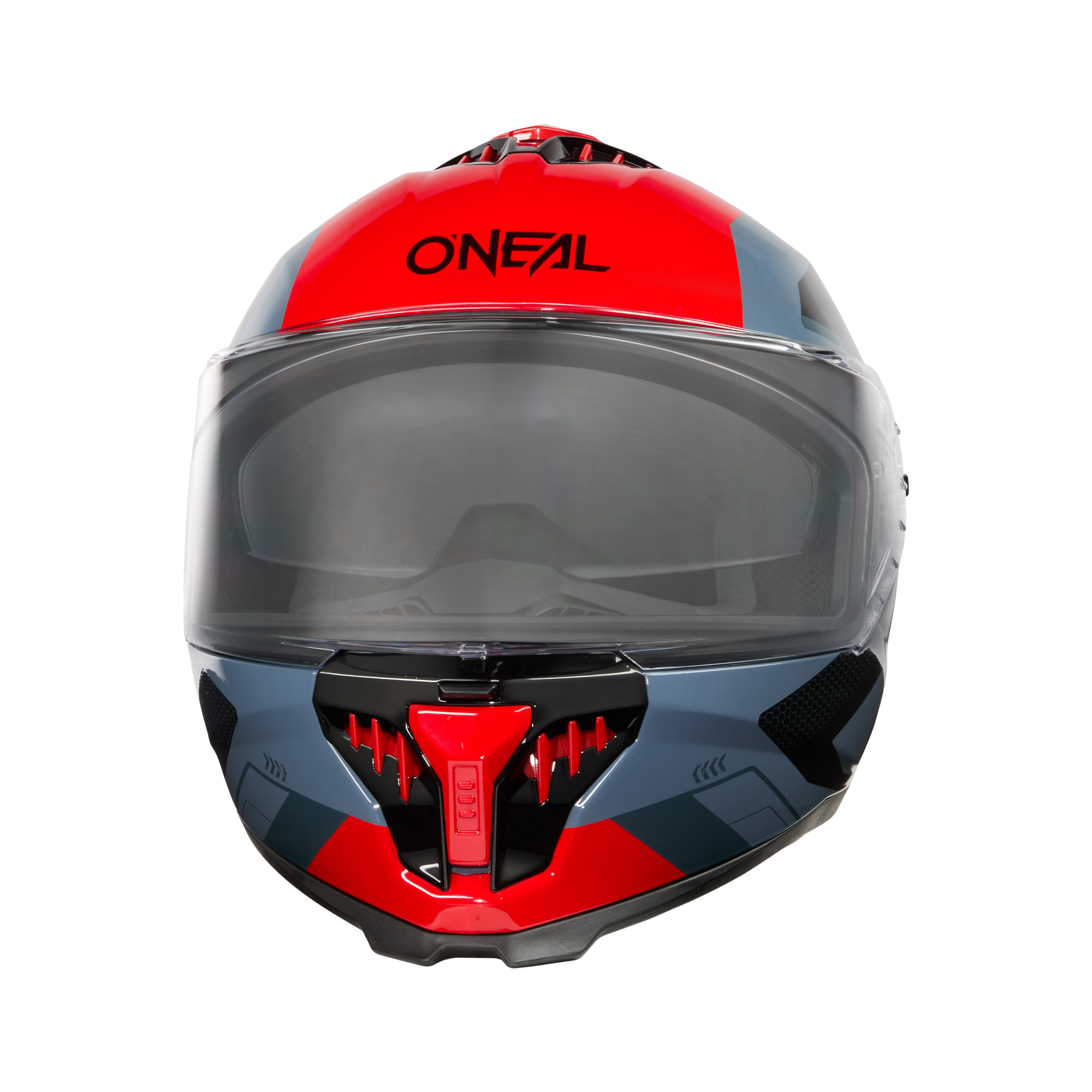 Der O'NEAL CHALLENGER Helm EXO ist ein Vollvisierhelm in Rot, Grau und Schwarz mit dem O'NEAL-Logo auf der Stirn und einem klaren Visier für optimalen Schutz.
