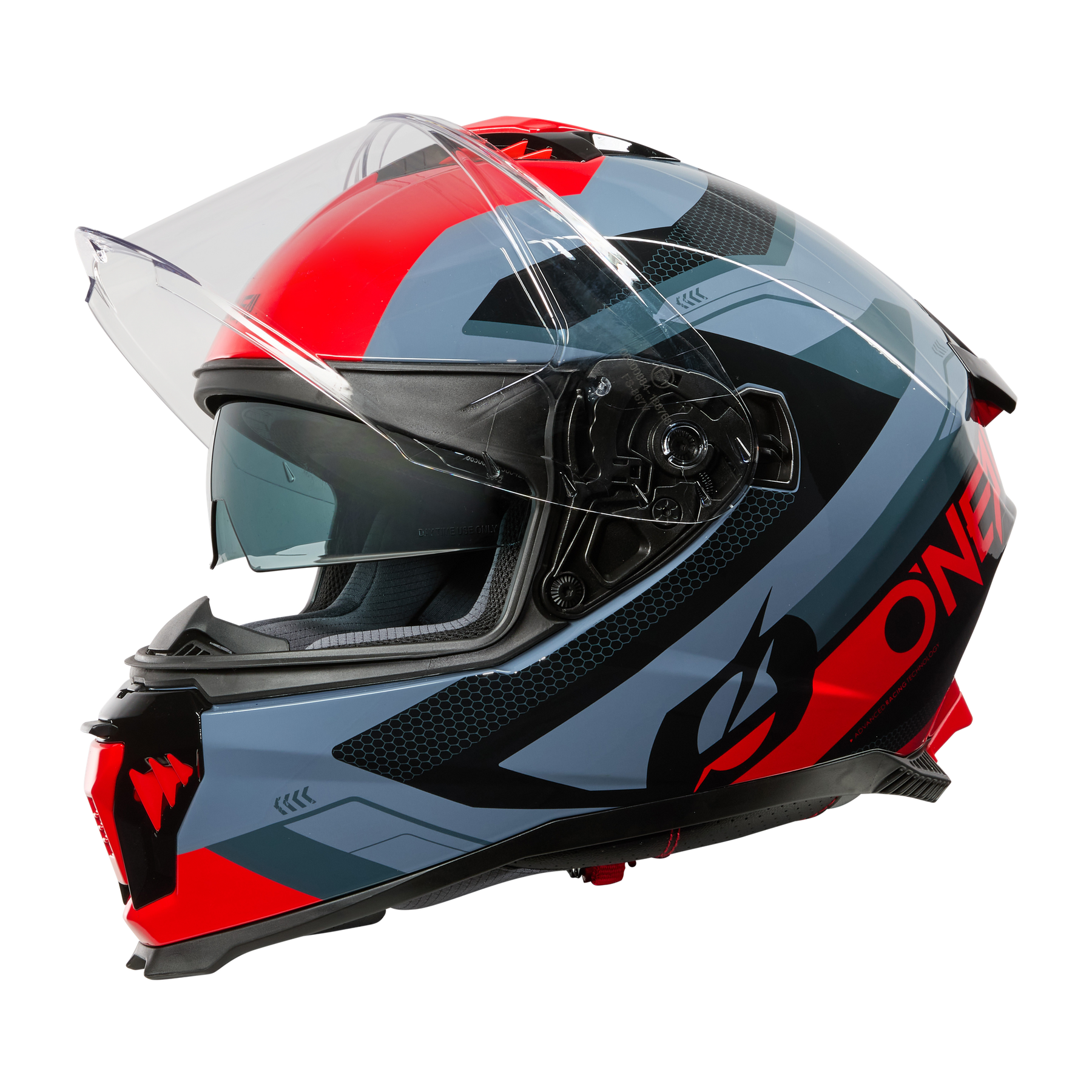 Der O'NEAL CHALLENGER Helm EXO zeichnet sich durch ein auffälliges geometrisches Design in Rot, Schwarz und Grau mit einem klaren Visier und einem auffälligen ONE"-Schriftzug an der Seite aus, der sich im Profil vor einem schlichten schwarzen Hintergrund abhebt - ideal für Fahrradfans.