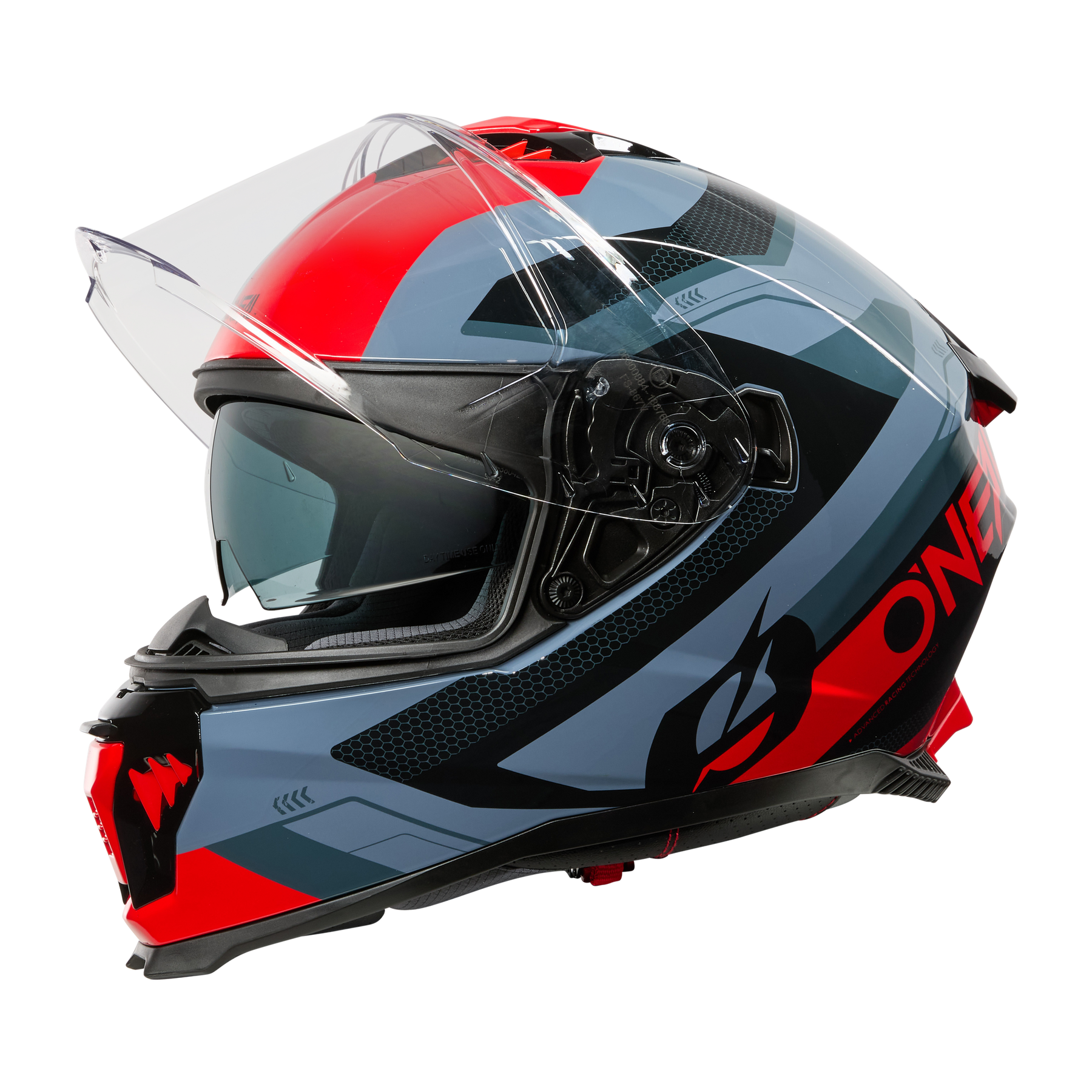 Der O'NEAL CHALLENGER Helm EXO besticht durch sein auffälliges Grafikdesign in Rot, Blaugrau und Schwarz mit aerodynamischen Merkmalen und einem durchsichtigen Visier, das im Seitenprofil auf schwarzem Hintergrund abgebildet ist - ideal für Ihr nächstes Fahrradabenteuer.