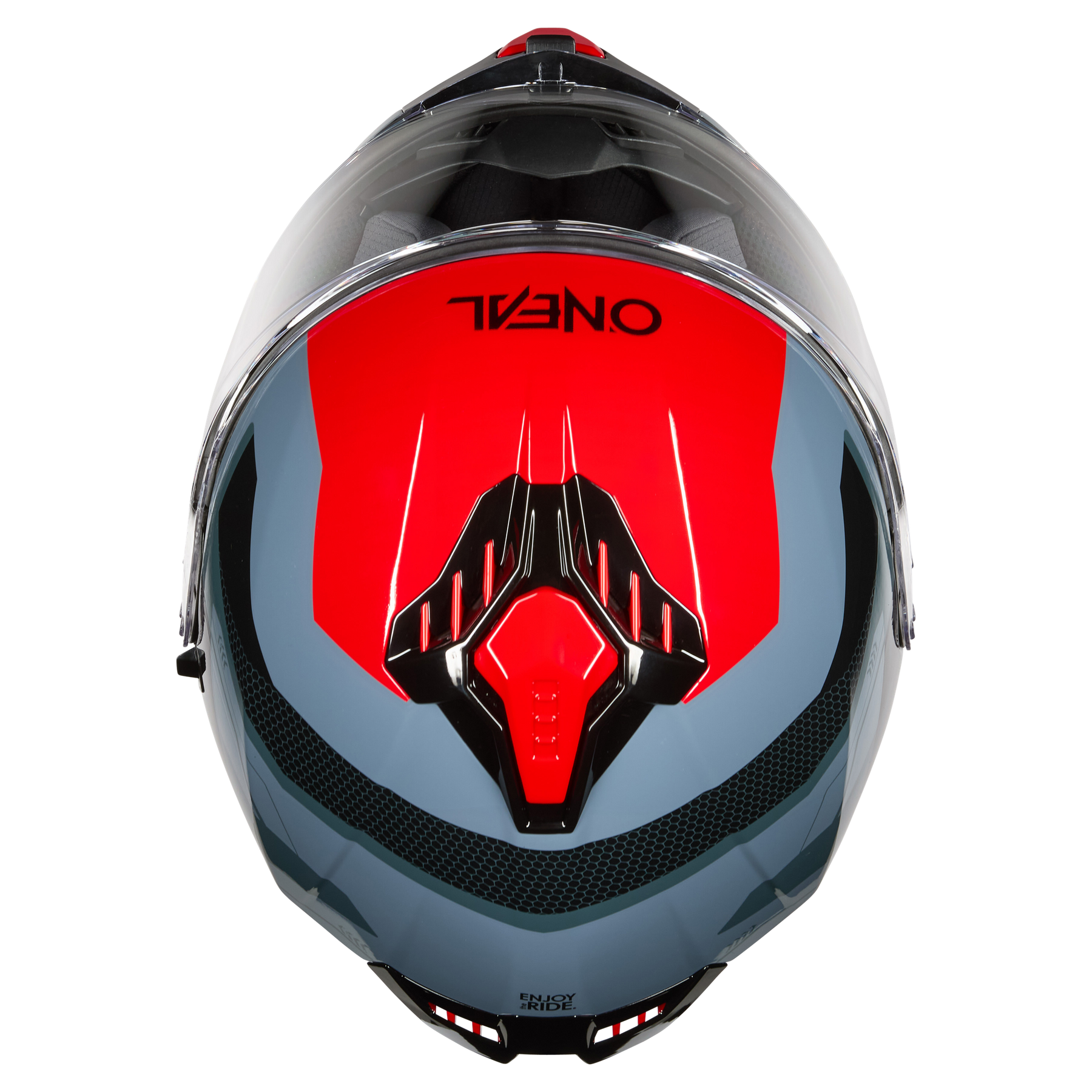 Der O'NEAL CHALLENGER Helm EXO ist ein Integralhelm in kräftigem Rot und Grau mit schwarzen Akzenten und "O'NEAL"-Branding - ideal für Ihr nächstes Bike-Abenteuer.