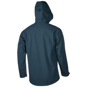 Eine Rückansicht der O'NEAL CYCLONE Soft Shell Jacke in Marineblau von O'NEAL. Diese wasserabweisende Kapuzenjacke verfügt über Nahtlinien entlang der Schultern und Ärmel, eine verstellbare Kapuze mit Kordelzug und eine kleine Reißverschlusstasche auf dem oberen Rücken. Das Design ist einfach und funktional.