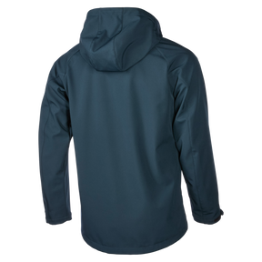 Ein Foto einer dunkelblaugrünen O'NEAL CYCLONE Soft Shell Jacke von hinten. Die Jacke von O'NEAL hat lange Ärmel, eine Kapuze und scheint aus glattem, wasserabweisendem Stoff zu bestehen.