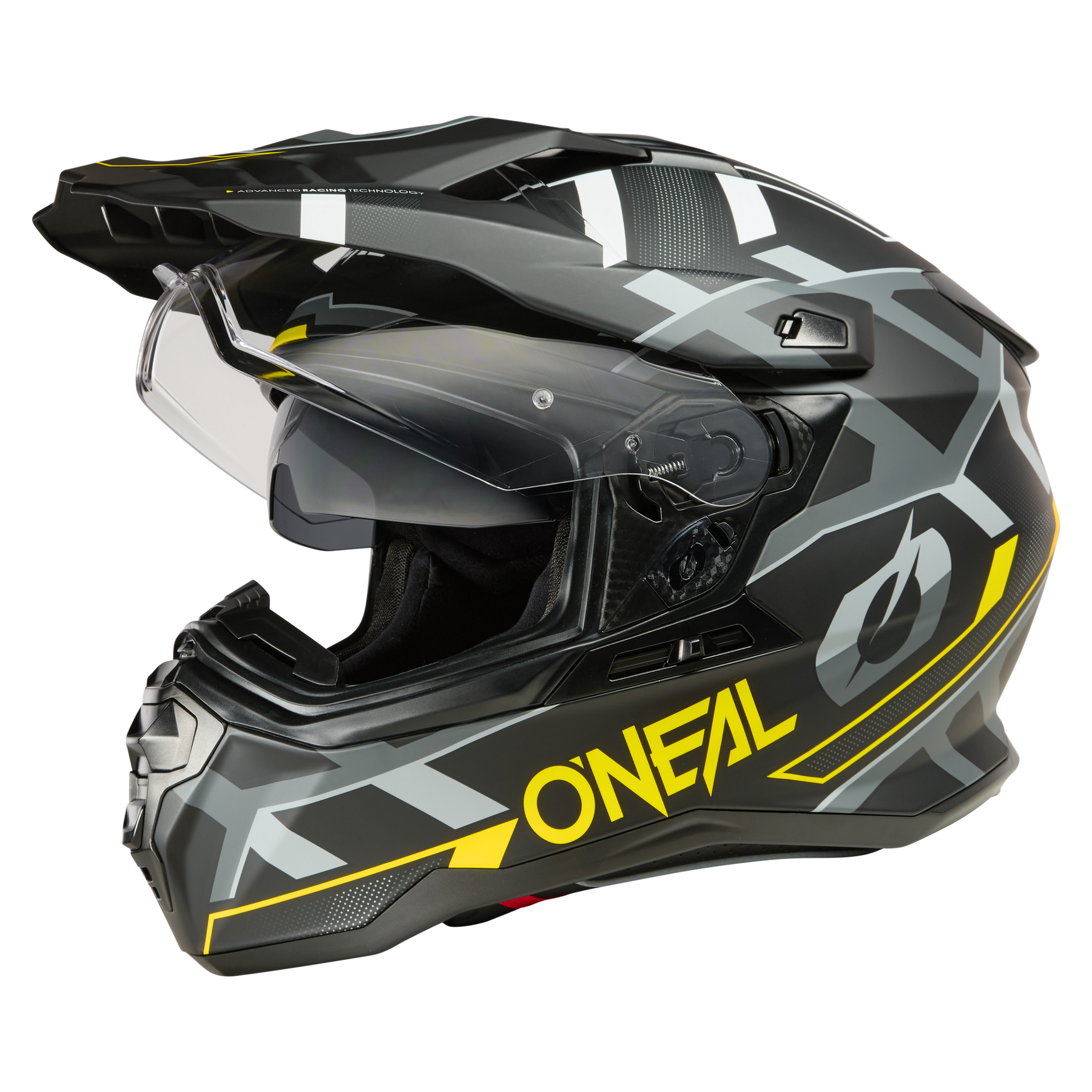 Der O'NEAL D-SRS Helm SQUARE ist ein schwarz-grauer Motorradhelm mit gelben Akzenten, geometrischem Design, klarem Visier, markantem O'NEAL-Logo an der Seite und einem aerodynamischen Schirm.