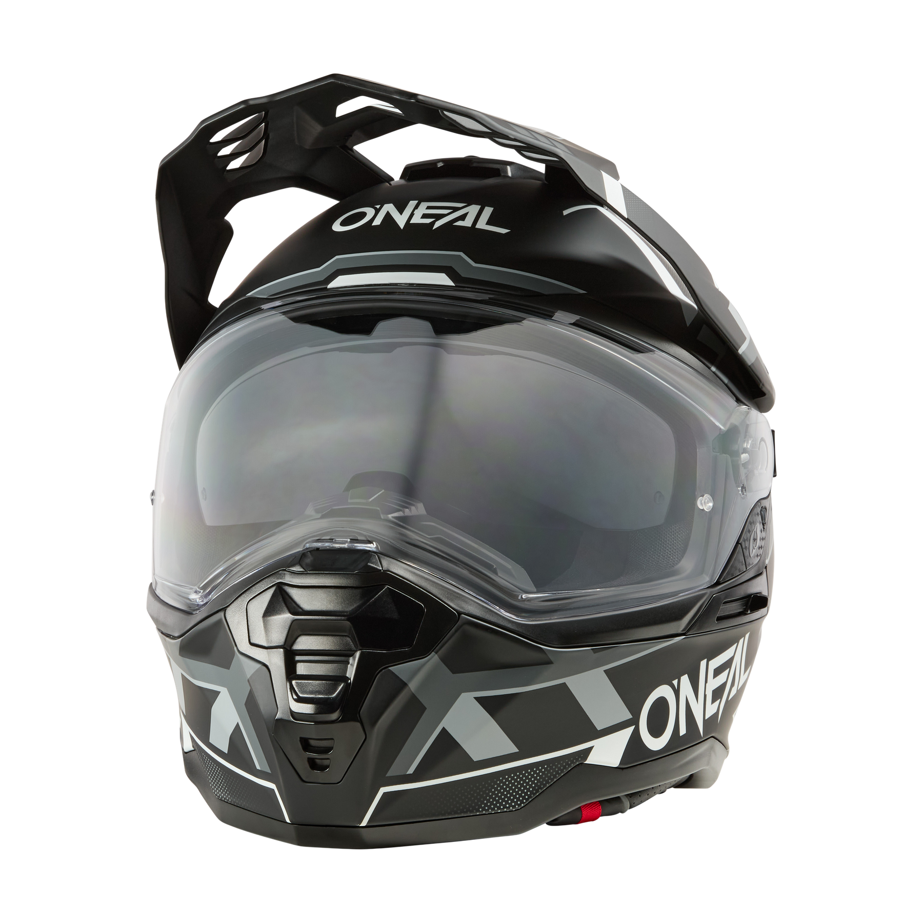 Frontansicht des O'NEAL D-SRS Helm SQUARE, ein schwarz-grauer Motorradhelm von O'NEAL mit klarem Visier und auffälligen geometrischen Mustern.