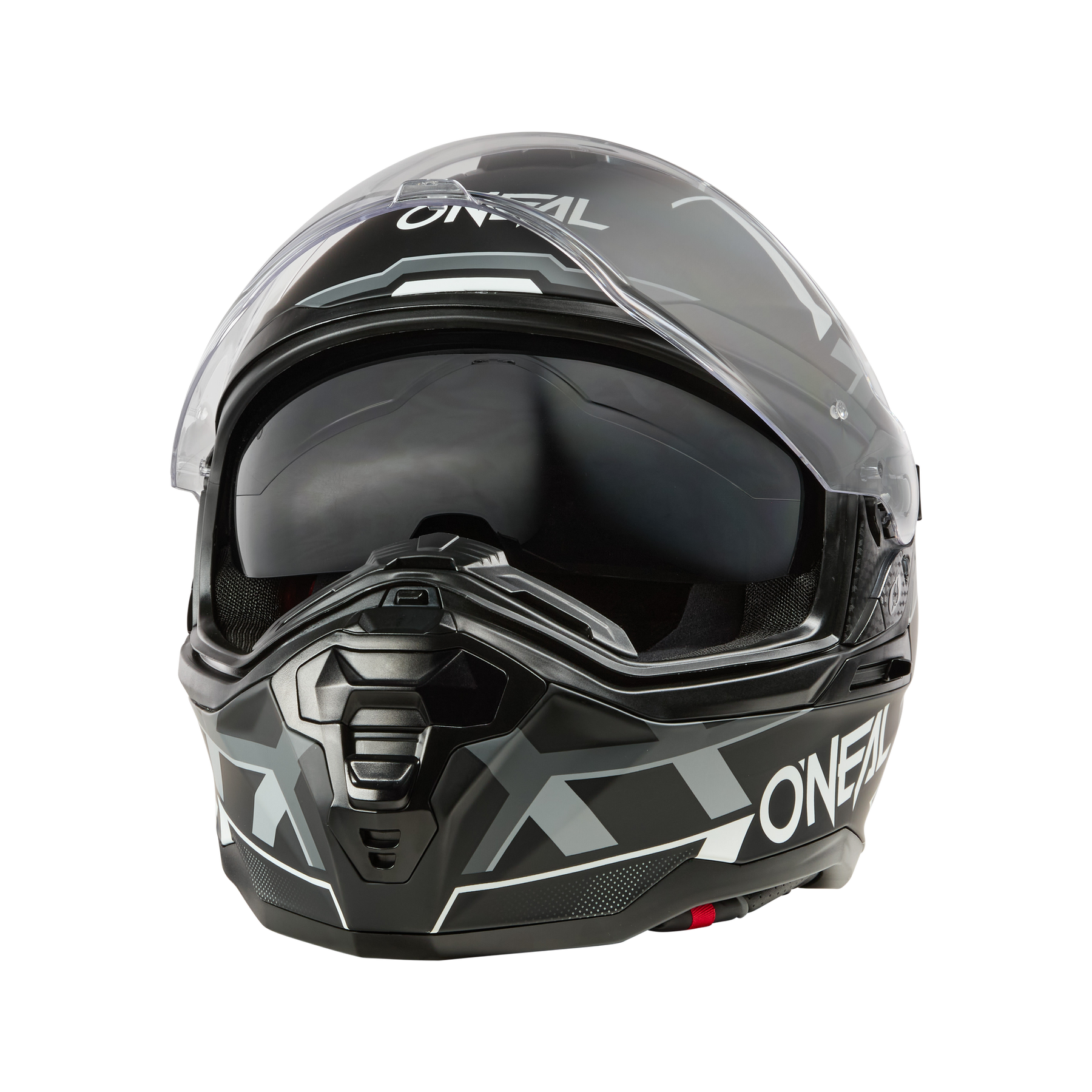 Ein schwarzer und grauer O'NEAL D-SRS Helm SQUARE Motorradhelm mit klarem Visier und geometrischem Design, dargestellt von vorne.