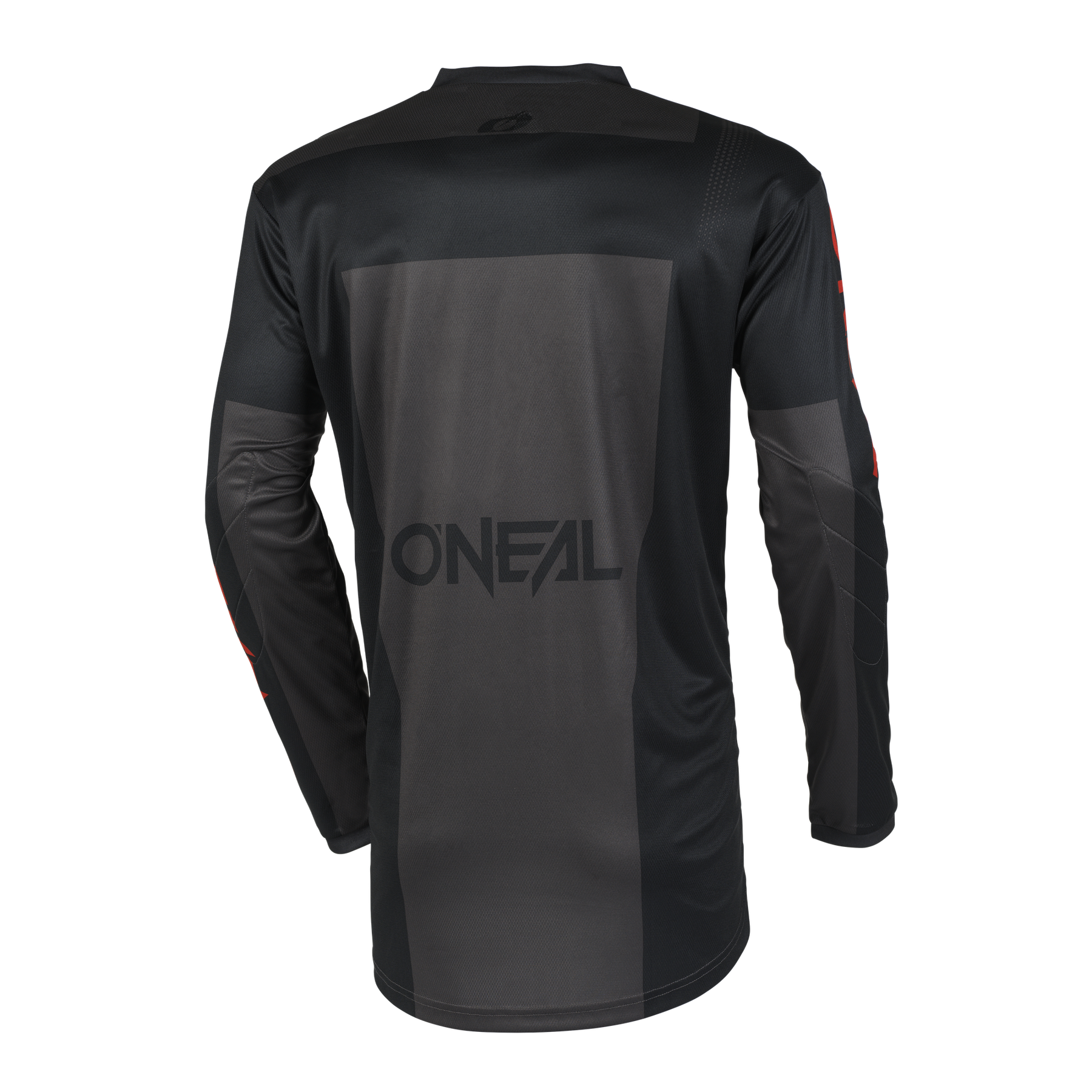 Das O'NEAL ELEMENT Jersey RACEWEAR ist ein langärmeliges schwarz-graues Radtrikot mit dezenten roten und grauen Ärmeldetails. Es ist aus atmungsaktivem Material gefertigt und trägt den O'NEAL Schriftzug auf dem Rücken.
