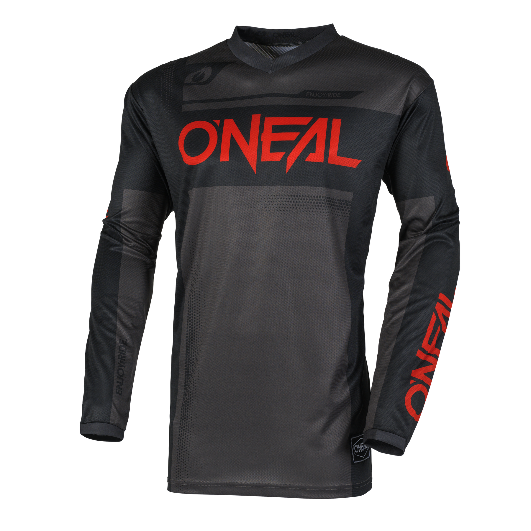 Das O'NEAL ELEMENT Jersey RACEWEAR hat schwarze und graue Farben, ein auffälliges rotes O'NEAL-Branding auf der Brust und dem linken Unterarm, subtile geometrische Muster, einen Rundhalsausschnitt und ist aus atmungsaktivem Material für Fahrkomfort.