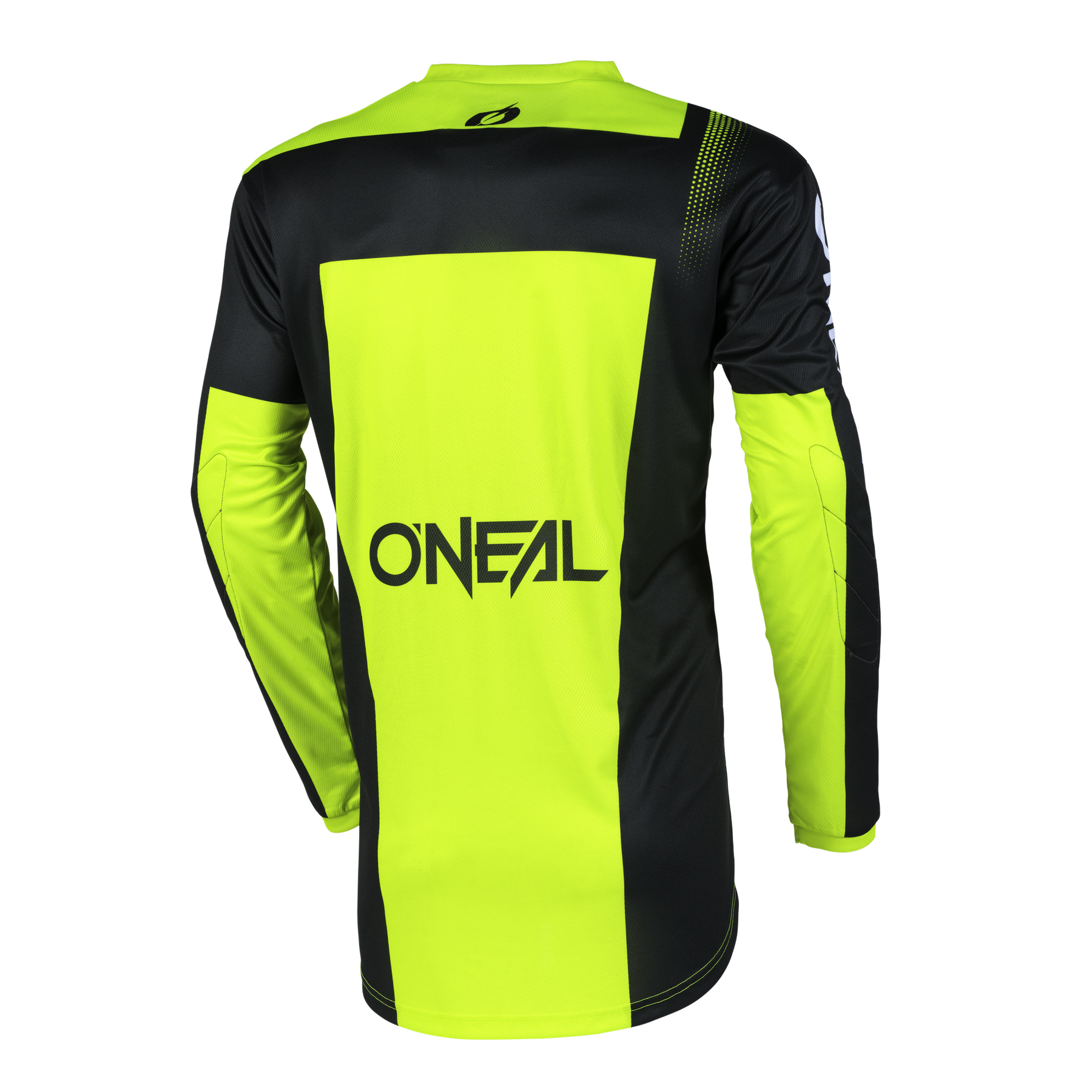 Das O'NEAL ELEMENT Jersey RACEWEAR ist ein langärmeliges Radtrikot in leuchtendem Gelb und Schwarz mit auffälligem "ONEAL"-Schriftzug, geometrischen Mustern, Farbblöcken und atmungsaktivem Material für hohen Tragekomfort.