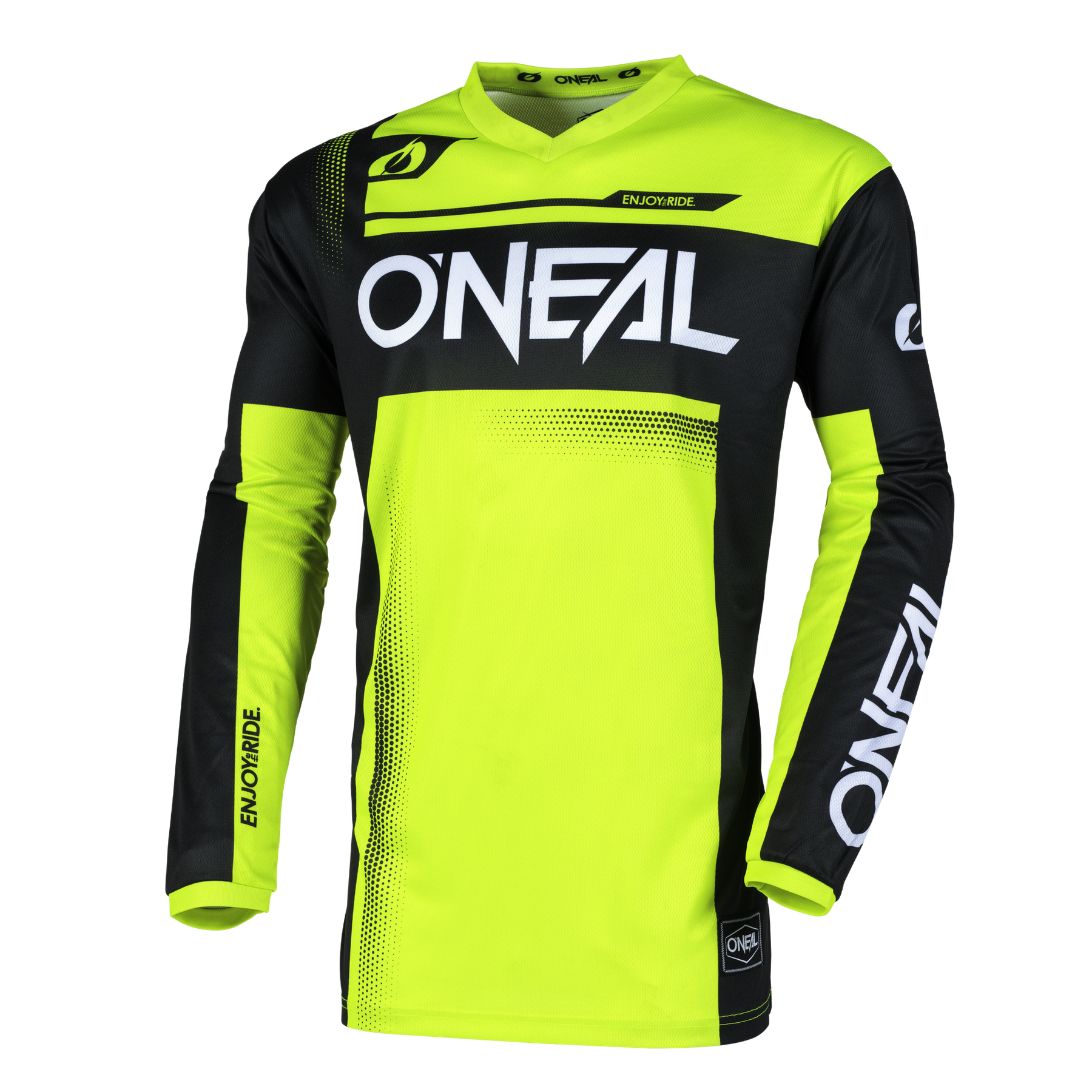 Das O'NEAL ELEMENT Jersey RACEWEAR von O'NEAL ist ein langärmeliges Radtrikot mit atmungsaktivem Material, auffälligen schwarzen und neongelben Einsätzen, prominentem "O'NEAL"-Branding auf Brust, Arm und Kragen sowie grafischen Akzenten auf der Vorderseite und den Ärmeln.