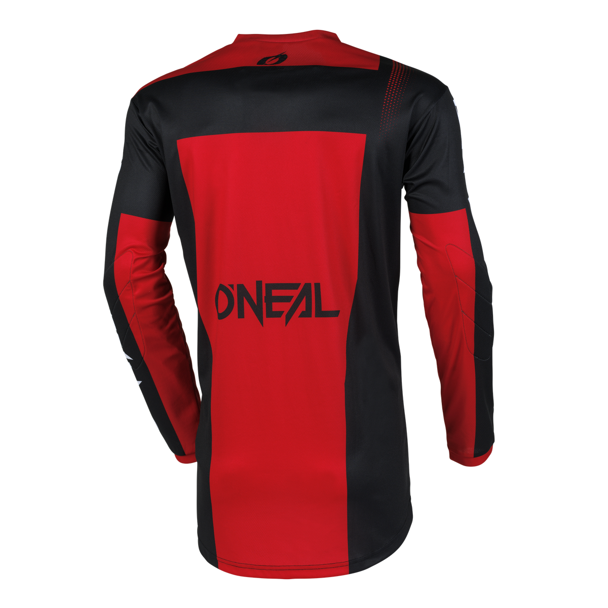 Das O'NEAL ELEMENT Jersey RACEWEAR ist ein langärmliges Motocross-Trikot in Schwarz und Rot. Es besteht aus atmungsaktivem Material für mehr Komfort und die Rückseite zeigt ein schwarzes rechteckiges Design auf rotem Hintergrund mit dem Aufdruck „O'NEAL“ in schwarzen Buchstaben. Die Schultern und Ärmel sind überwiegend schwarz mit durchgehend roten Einsätzen für eine perfekte Passform.