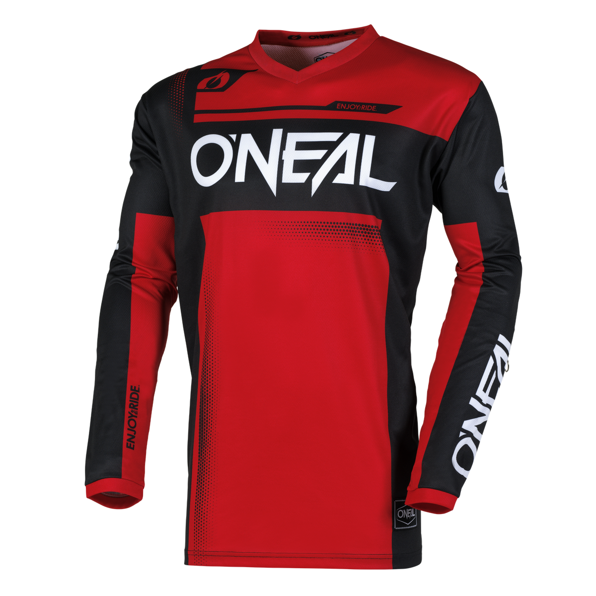Wir präsentieren das O'NEAL ELEMENT Jersey RACEWEAR, ein rot-schwarzes Langarmtrikot mit dem Markennamen „O'NEAL“, der prominent in Weiß auf der Brust, den Ärmeln und der Unterseite angebracht ist. Dieses Hochleistungstrikot besticht durch ein geometrisches Muster mit eckigen schwarzen Abschnitten, kleinen gepunkteten Details, perfektem Sitz und atmungsaktivem Material für ultimativen Komfort.