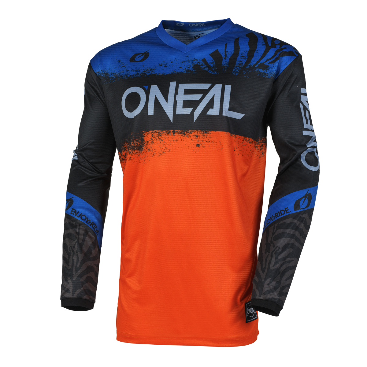 Das O'NEAL ELEMENT Jersey SHOCKER zeichnet sich durch ein lebendiges Farbverlaufsdesign aus, das von Schwarz und Blau oben zu leuchtendem Orange unten übergeht. Das Trikot zeigt das „O'Neal“-Logo prominent auf der Brust und den Armen, mit zusätzlichen Markenzeichen und abstrakten Mustern, die die Ärmel zieren. Es sorgt für einen perfekten Sitz und besteht aus atmungsaktivem Material für maximalen Komfort und Leistung.