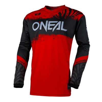 Das O'NEAL ELEMENT Jersey SHOCKER von O'NEAL hat ein rot-schwarzes Design mit schwarzen und grauen Grafikmustern auf der oberen Brust und den Ärmeln. Das Wort „ONEAL“ ist in fetten weißen Buchstaben deutlich auf der Brust zu sehen. Es besteht aus atmungsaktivem Material und sorgt für eine perfekte Passform, wenn Sie die Trails unsicher machen. Auf den unteren Ärmeln steht in roter Schrift „ENJOY RIDE“.